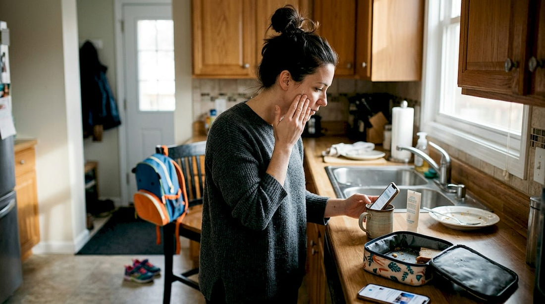 Mom quickly does morning beauty routine in kitchen