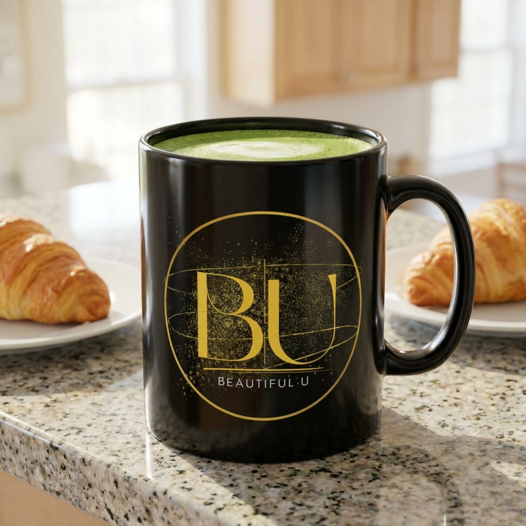 Beautiful U Black Ceramic Mug — Gold Monogram 'BU' Inspirational Coffee Cup (11oz, 15oz)