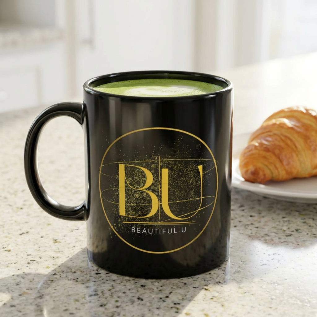 Beautiful U Black Ceramic Mug — Gold Monogram 'BU' Inspirational Coffee Cup (11oz, 15oz)