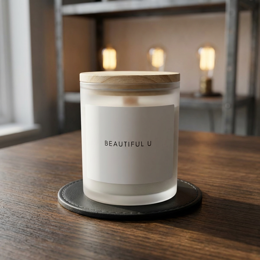 Candle — “Beautiful U” Frosted Glass Soy Candle, 11 oz — Minimal Wooden Lid Gift