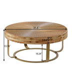 Modern Round Coffee Table with Wooden Carving Pattern and Metal Legs