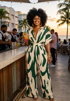 Printed V-Neck Short Sleeve Wide Leg Jumpsuit