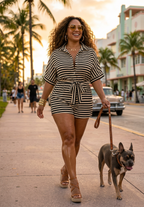 Tie Waist Half Button Striped Romper
