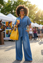 Button Front Wide Leg Denim Jumpsuit