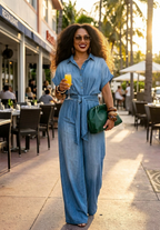 Button Front Wide Leg Denim Jumpsuit