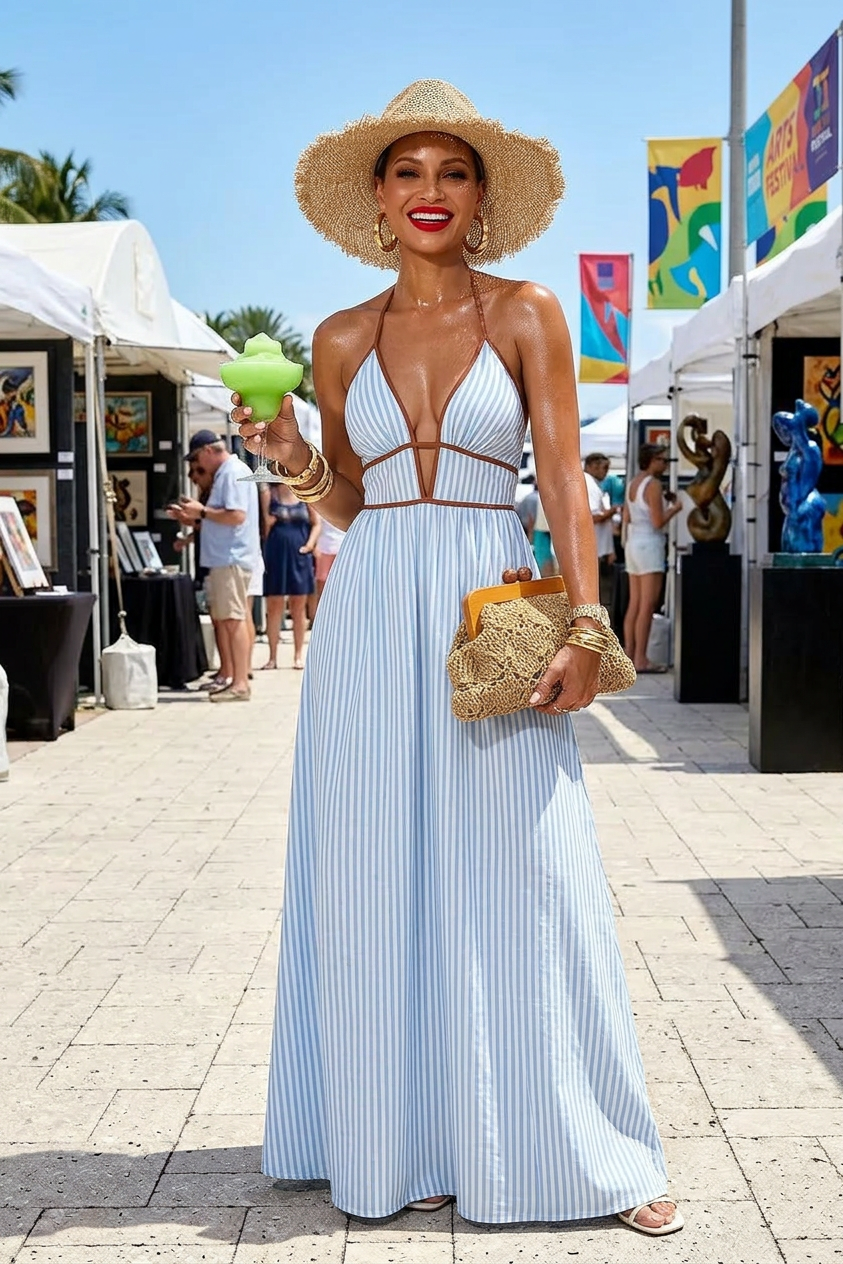 Striped Halter Neck Maxi Dress