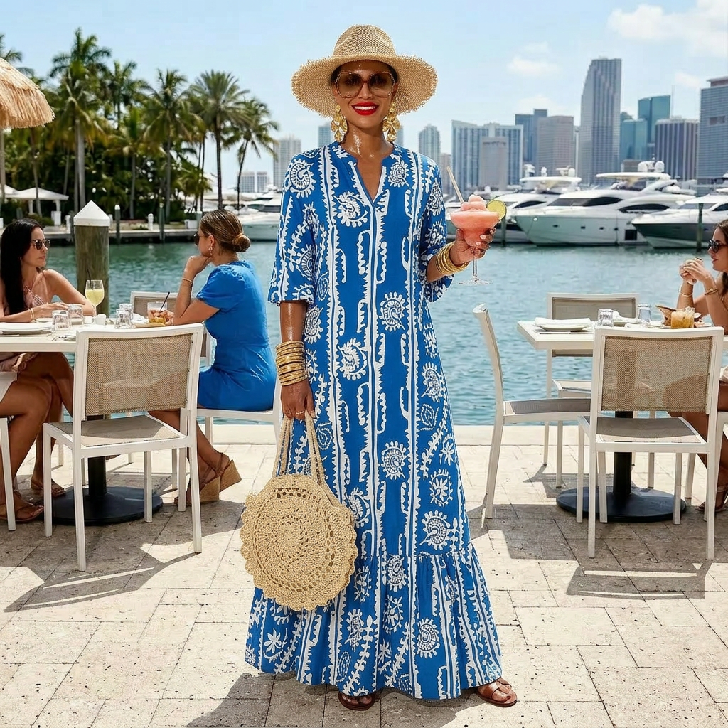 Printed Notched Half Sleeve Maxi Dress