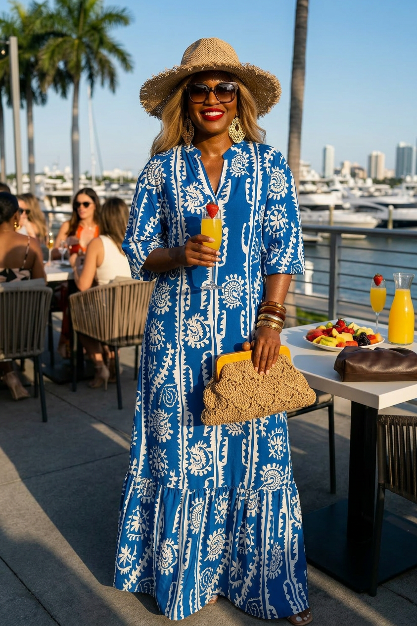 Printed Notched Half Sleeve Maxi Dress