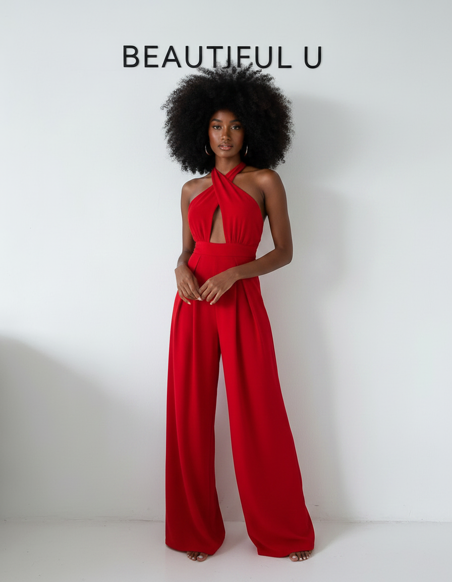 Halter Neck Wide Leg Jumpsuit with Keyhole Detail