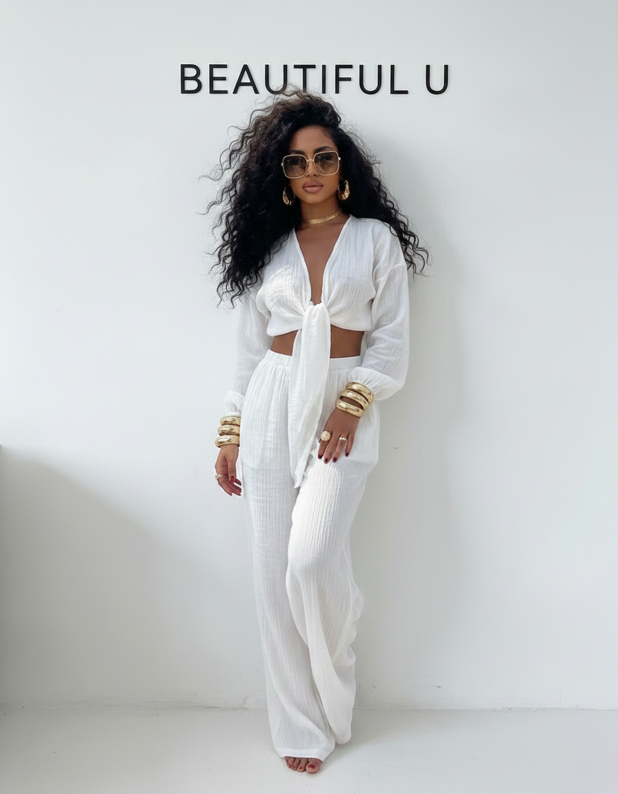 Textured Tie-Front Crop Top and Wide Leg Pants Set