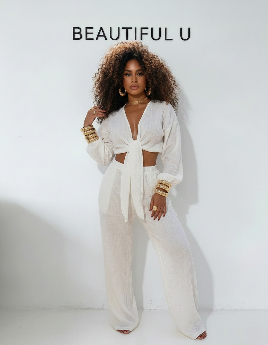Textured Tie-Front Crop Top and Wide Leg Pants Set