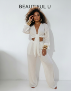 Textured Tie-Front Crop Top and Wide Leg Pants Set