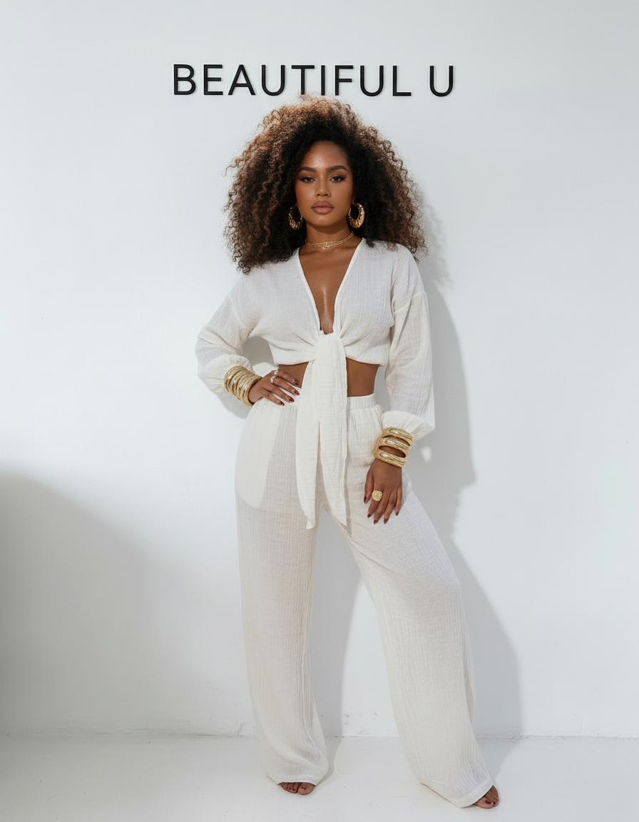 Textured Tie-Front Crop Top and Wide Leg Pants Set