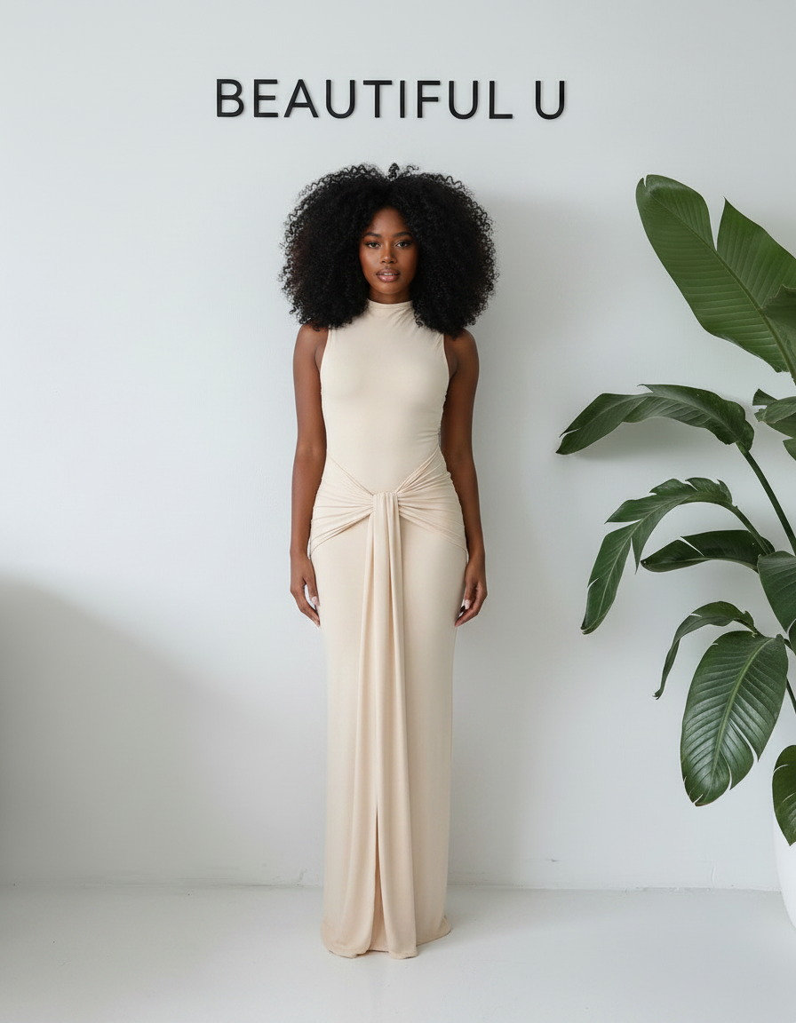 Sleeveless Mock Neck Knot Front Maxi Dress
