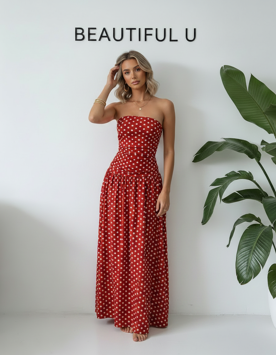 Polka Dot Strapless Maxi Dress