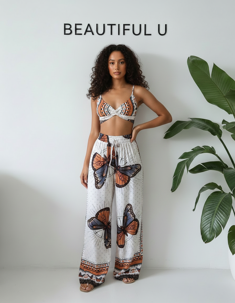 Boho Butterfly Print Top and Pants Set