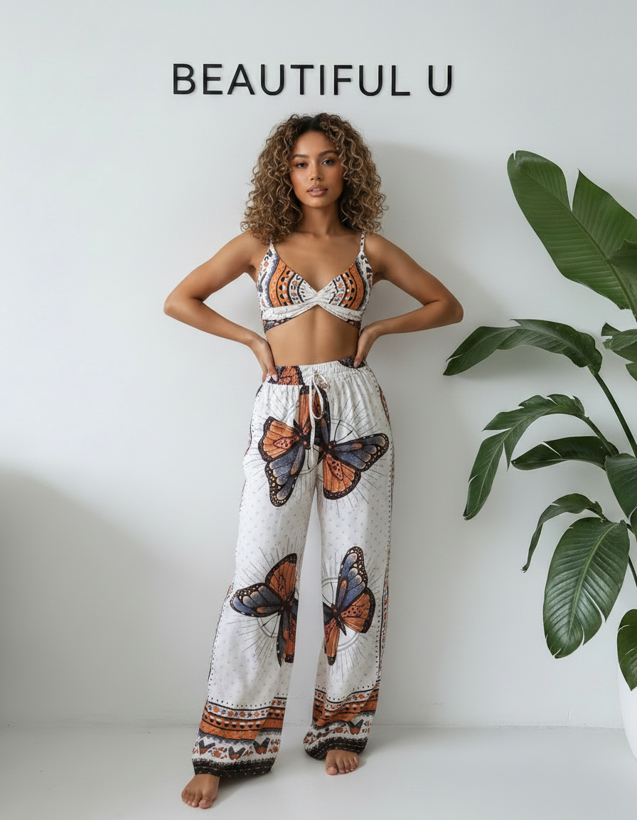 Boho Butterfly Print Top and Pants Set