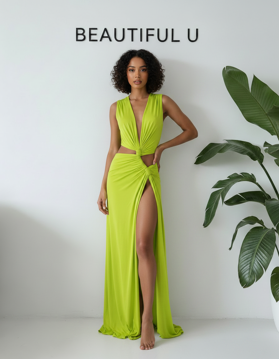 Full Size Sleeveless Plunge Knot Cutout High Slit Maxi Dress Plus Size