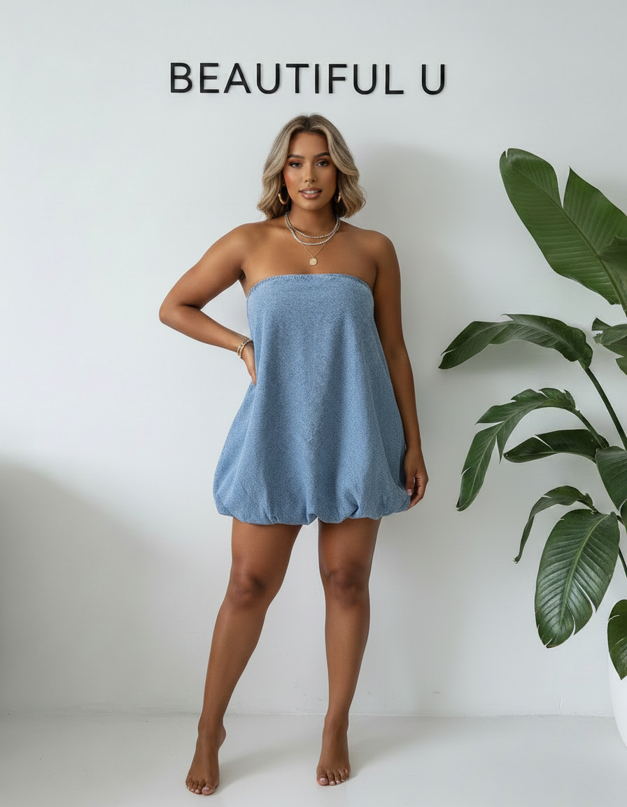Tube Bubble Hem Denim Dress