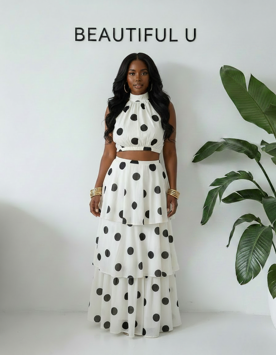 Polka Dot Sleeveless Top and Layered Skirt Set