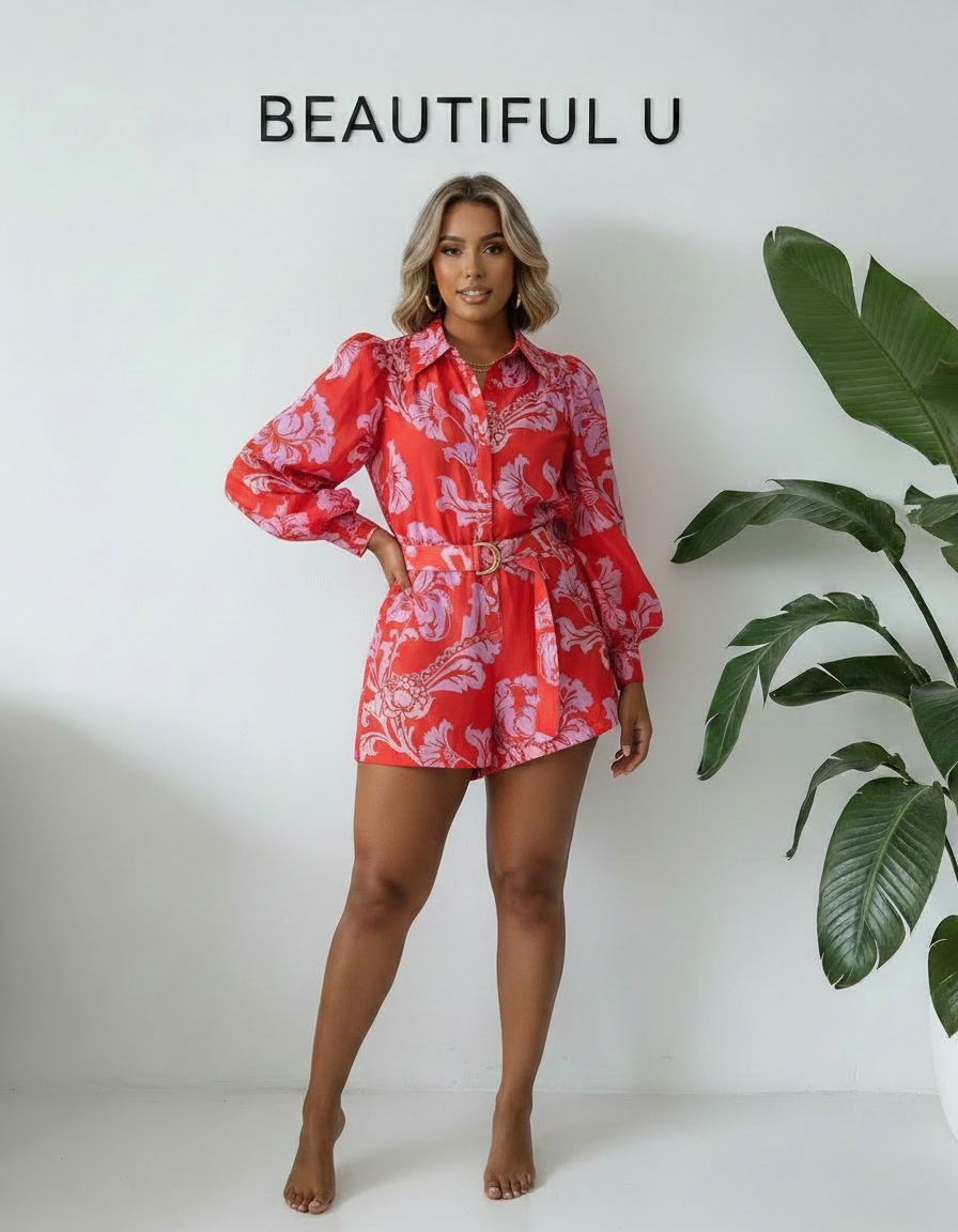 Printed Long Sleeve Belted Romper