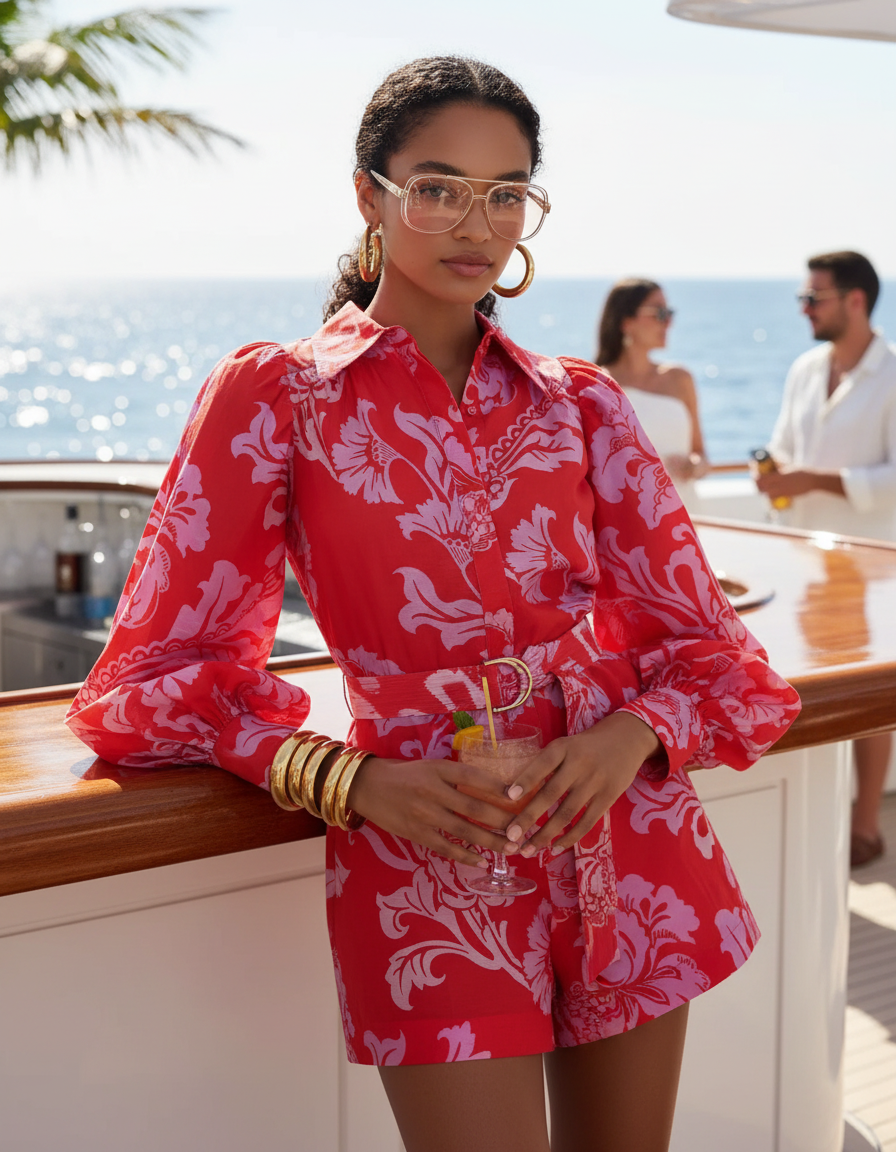 Printed Long Sleeve Belted Romper