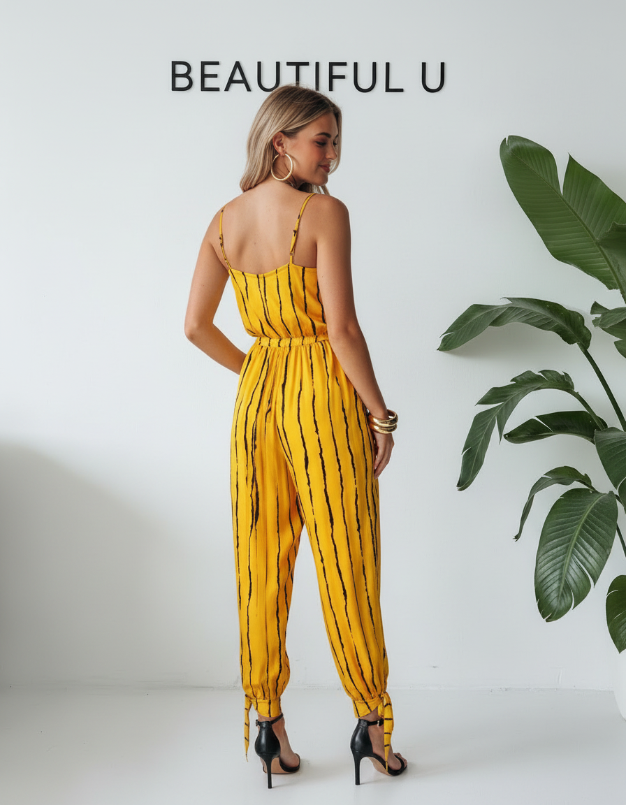 Striped Contrast Tie Ankle Spaghetti Strap Jumpsuit
