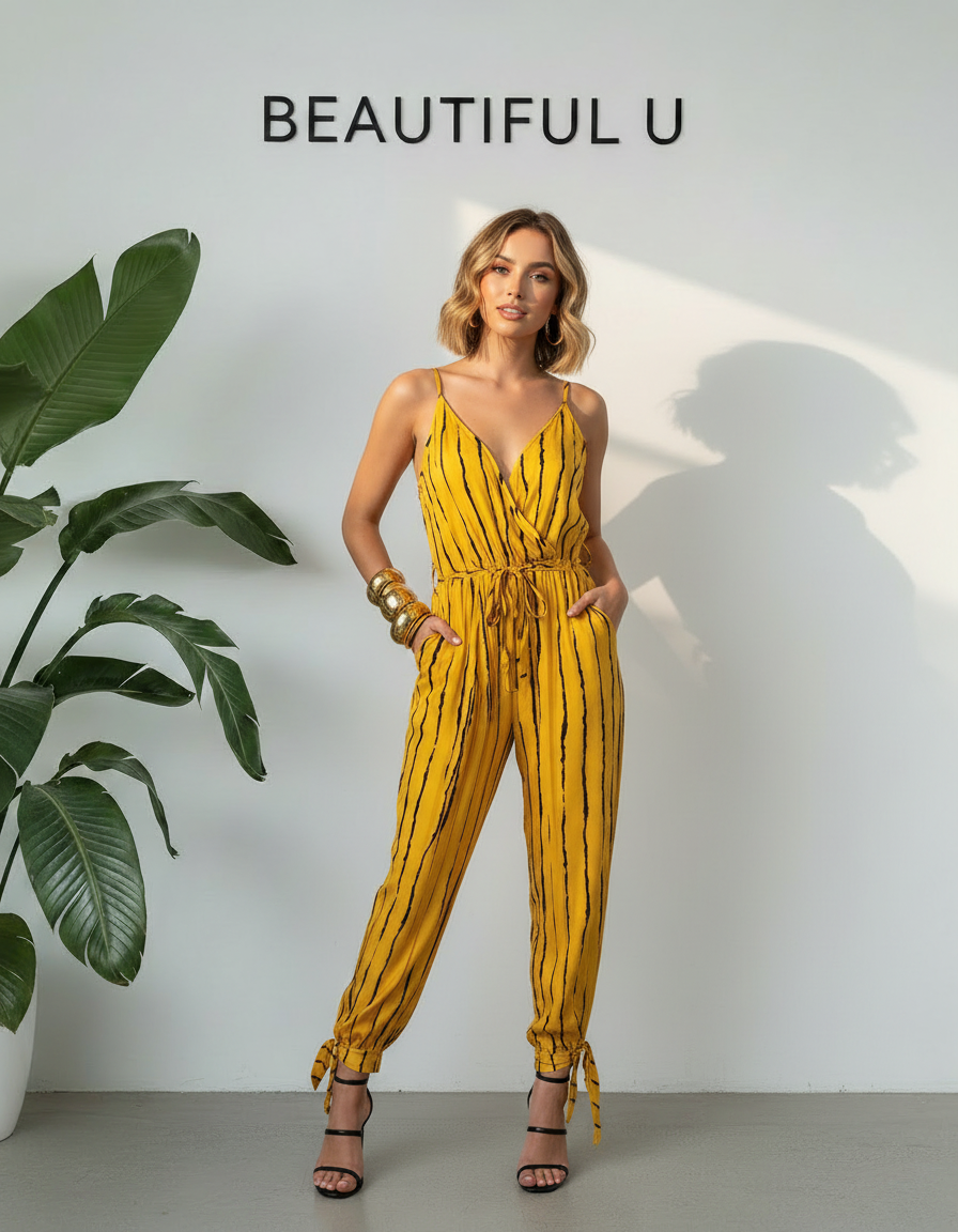 Striped Contrast Tie Ankle Spaghetti Strap Jumpsuit