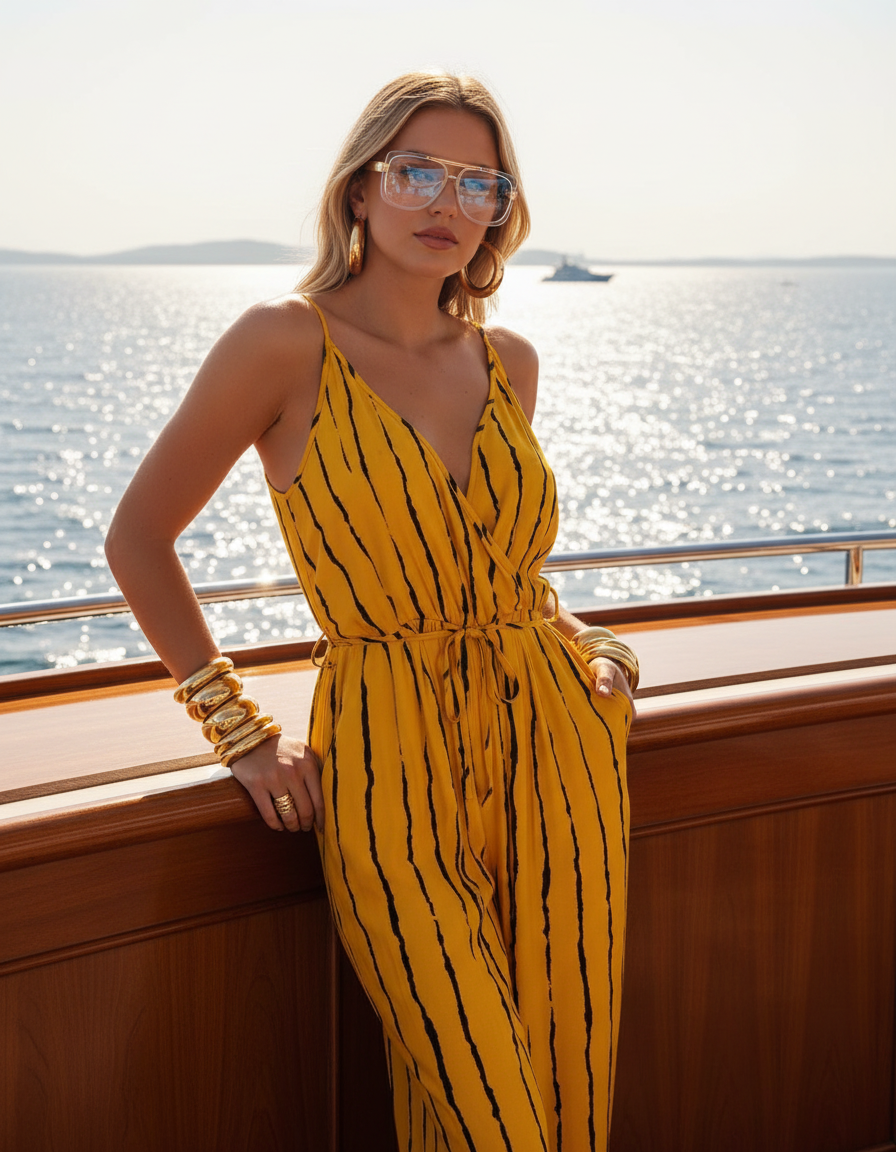 Striped Contrast Tie Ankle Spaghetti Strap Jumpsuit