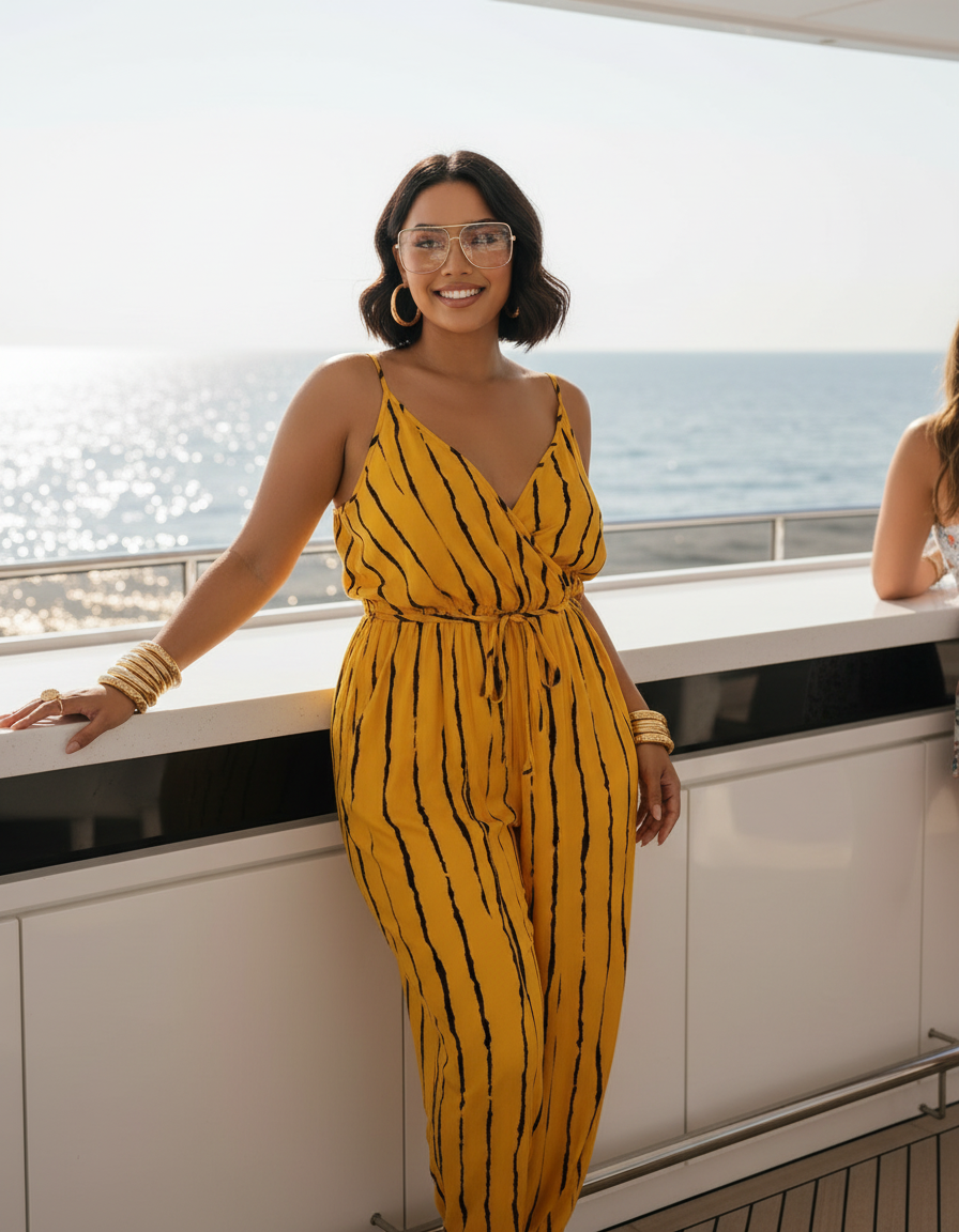 Striped Contrast Tie Ankle Spaghetti Strap Jumpsuit