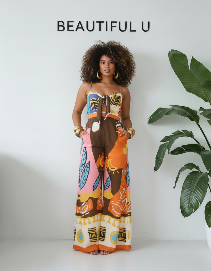 Printed Sweetheart Neck Jumpsuit