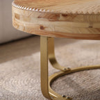 Modern Round Coffee Table with Wooden Carving Pattern and Metal Legs